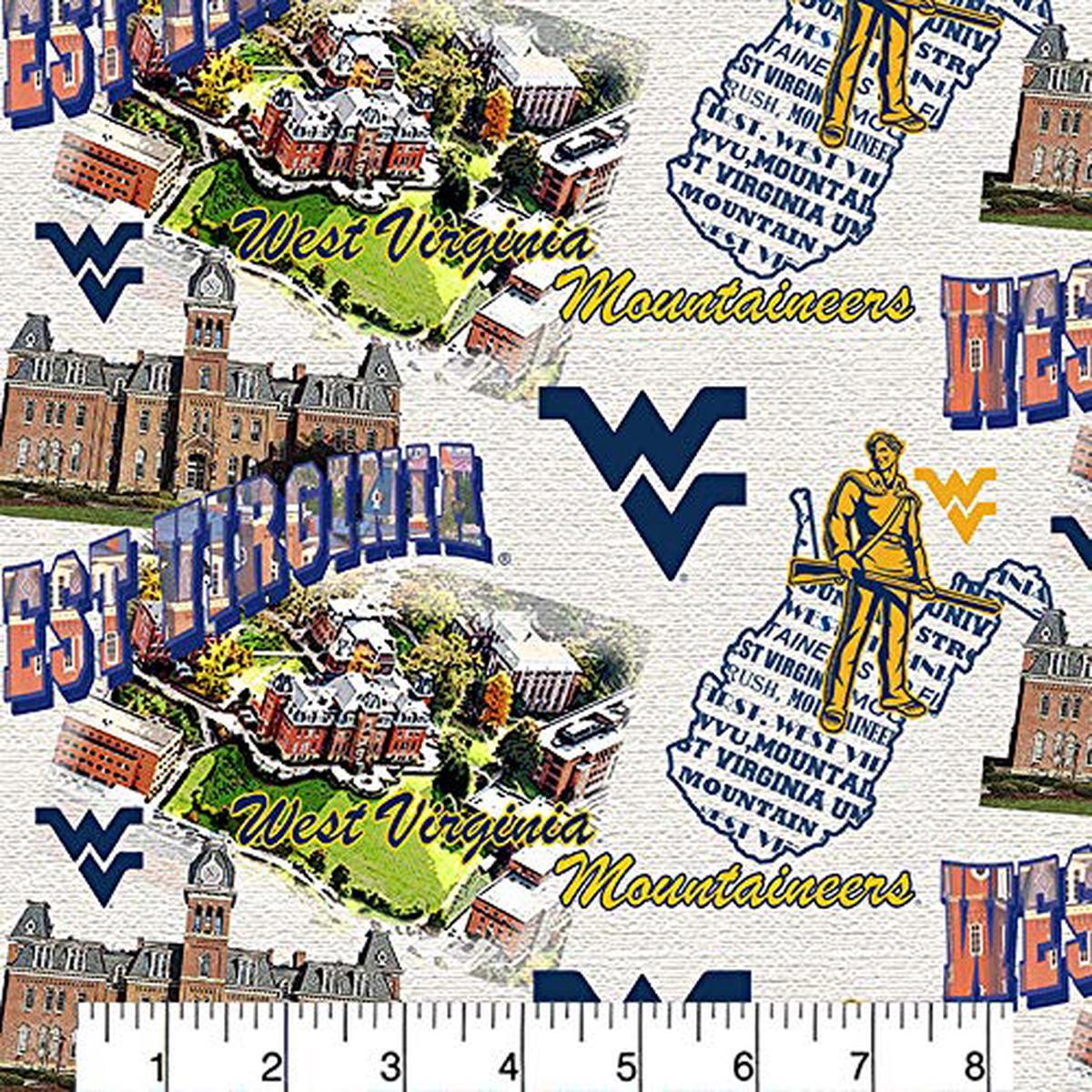 West Virginia Mountaineers NCAA College Scenic Map Sykel Cotton Fabric WV-1212