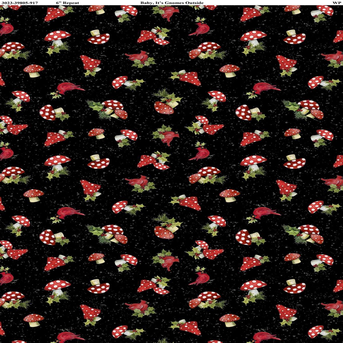 Baby It's Gnomes Outside Mushroom Toss Black Susan Winget Wilmington Prints Cotton Fabric WP-3023-39805-917
