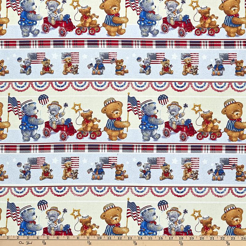 Teddy's America Border Stripe Tan Robert Giordano Henry Glass Cotton Fabric 1/2