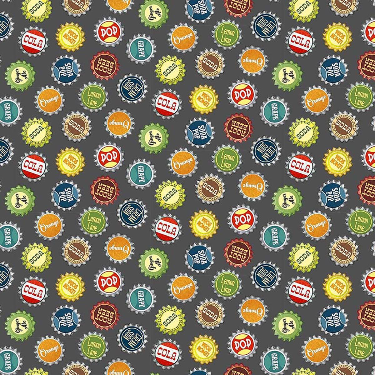 Adventure Awaits Tossed Bottle tops Gray Jackie Decker Blank Quilting Cotton Fabric