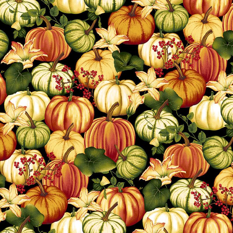 Autumn Flourish Pumpkins Black Art Loft Studio E Cotton Fabric 1