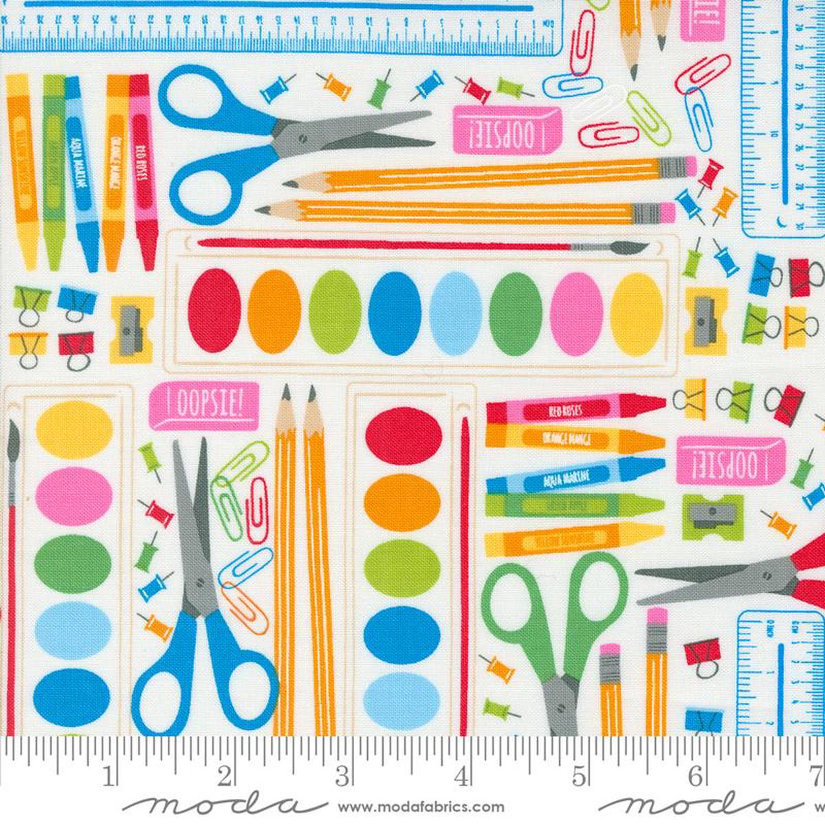 Back To School School Supplies Paint Ruler Scissors Paper White Stacy Iest Hsu Moda Cotton Fabric MD-20891-11