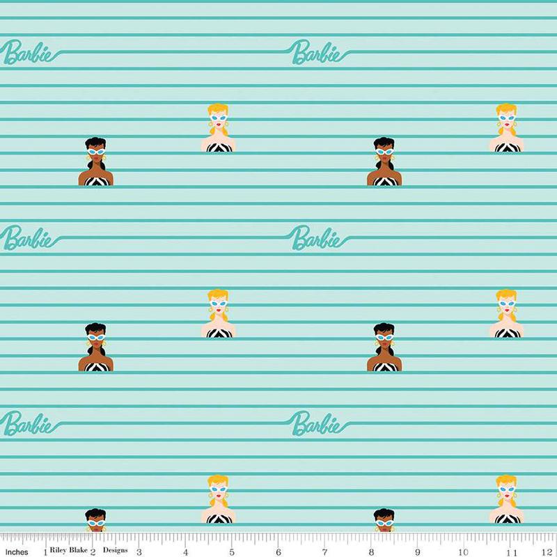 Barbie World Mattel Barbie Stripe Powder Blue Riley Blake Cotton Fabric 1/2