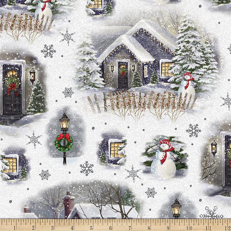 Winter Greetings Christmas Village Vignettes White Gina Jane Lee Quilting Treasures Cotton Fabric 1
