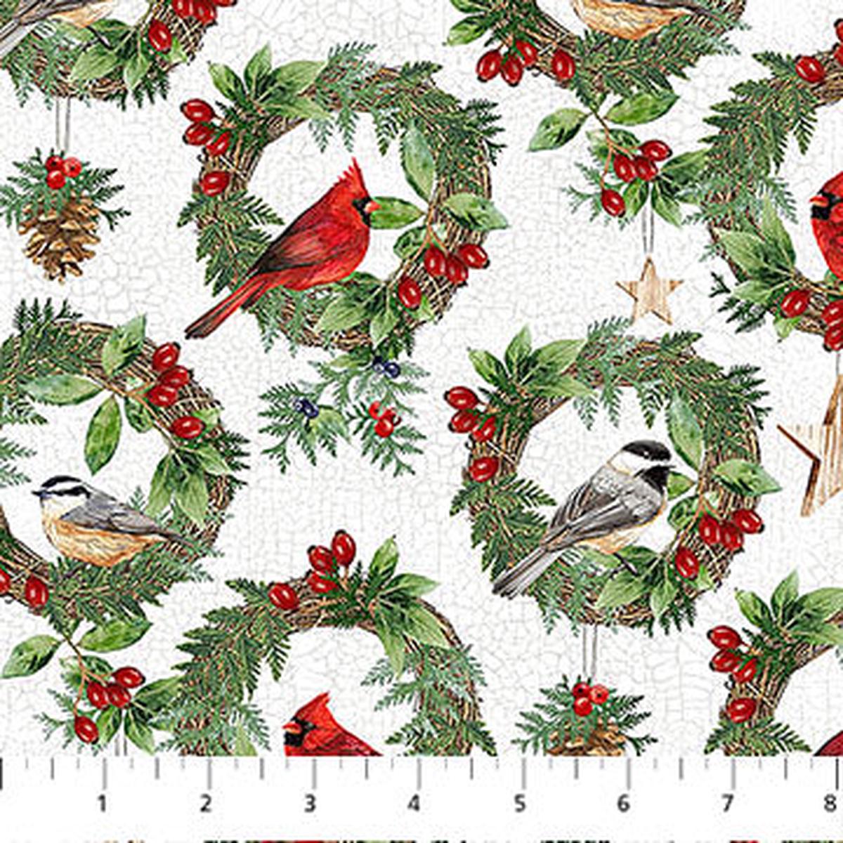 Winter Song Wreaths White Multi Deborah Edwards Northcott Cotton Fabric NC-DP27803-10