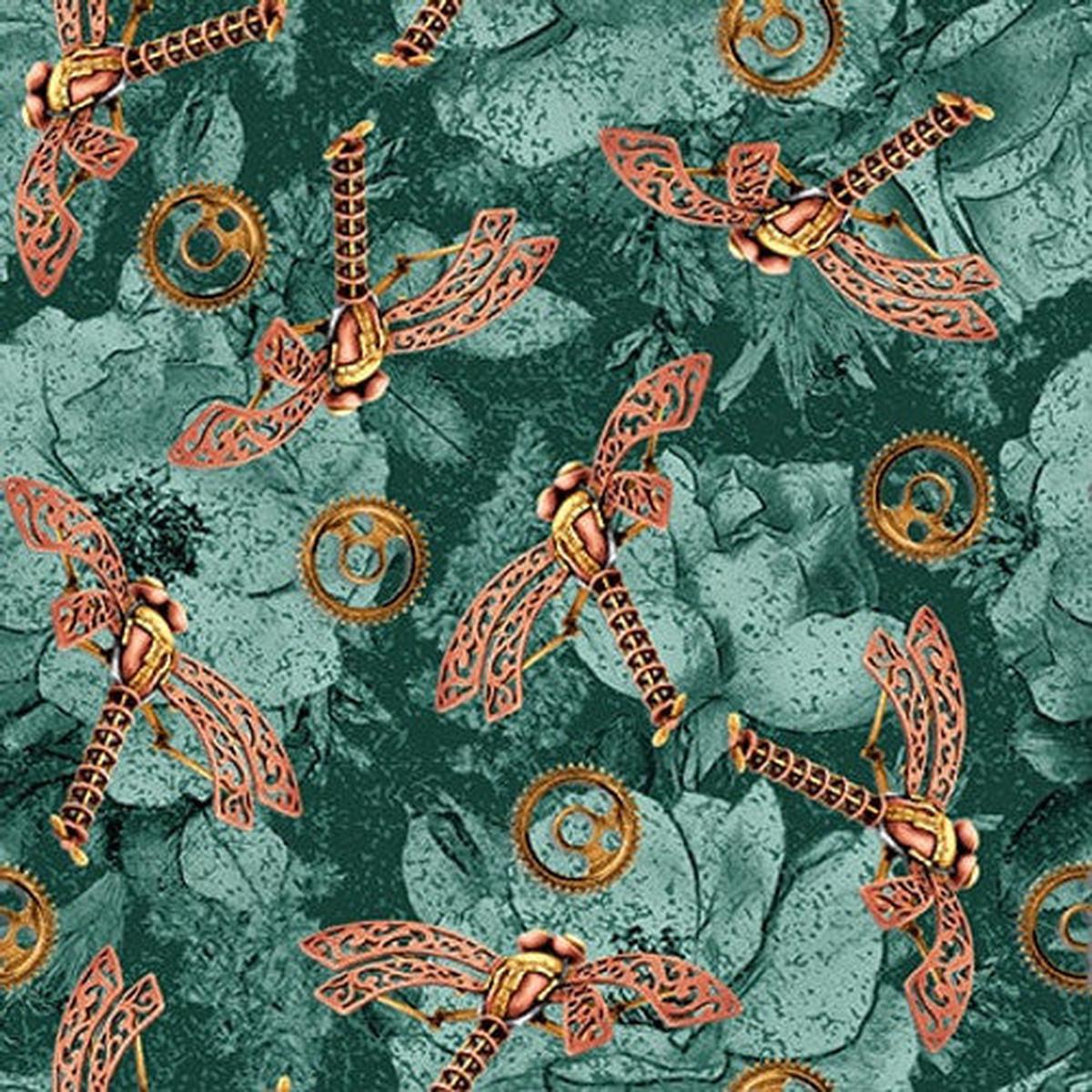 Time Travel Dragonflies Teal Green Urban Essence Designs Blank Quilting Cotton Fabric 1/2