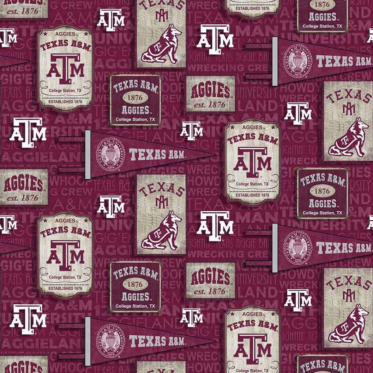 Texas A&M Aggies NCAA College Vintage Pennant Sykel Cotton Fabric TAM-1267 1