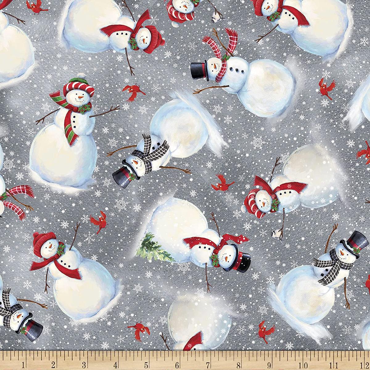 Winter Greetings Snowman Toss Gray Gina Jane Lee Quilting Treasures Cotton Fabric QT-1649-28338-K 1/2