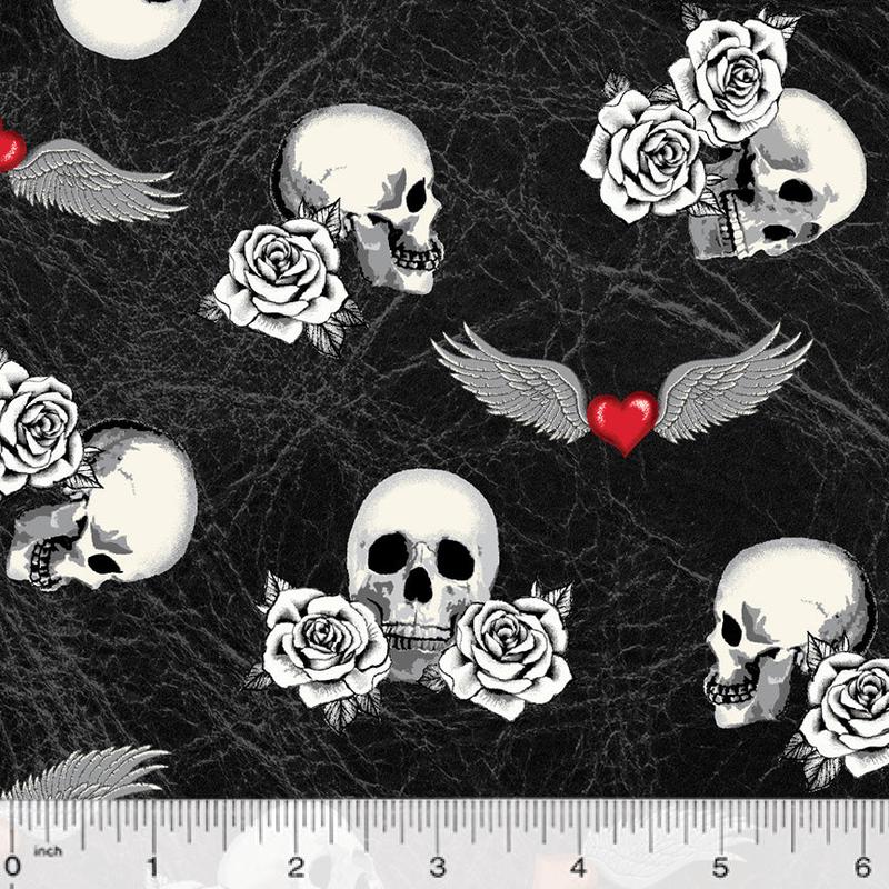 Born to Ride Tattoo Skulls and Roses Black Whistler Studios Windham Fabrics Cotton Fabric WF-52241-3