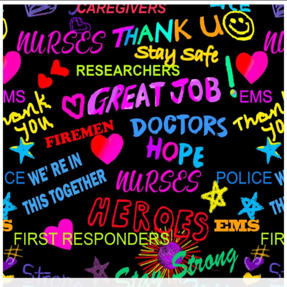 Thank you to our Heroes words Black Quilting Cotton Fabric 1/2