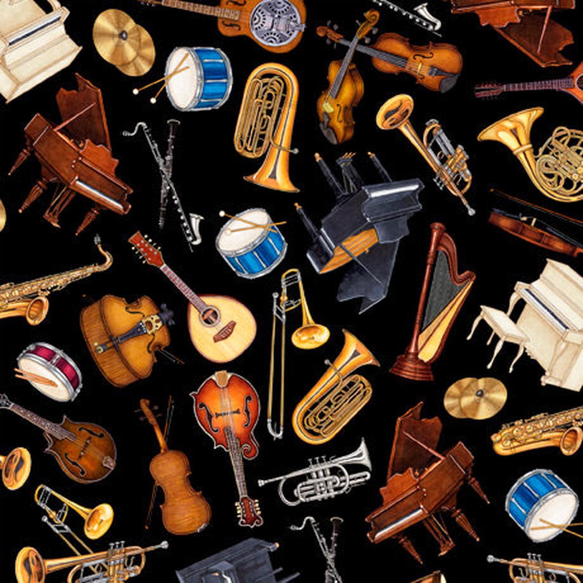Tiny Tunes Instrument Toss Black Quilting Treasures  Cotton Fabric 1/2