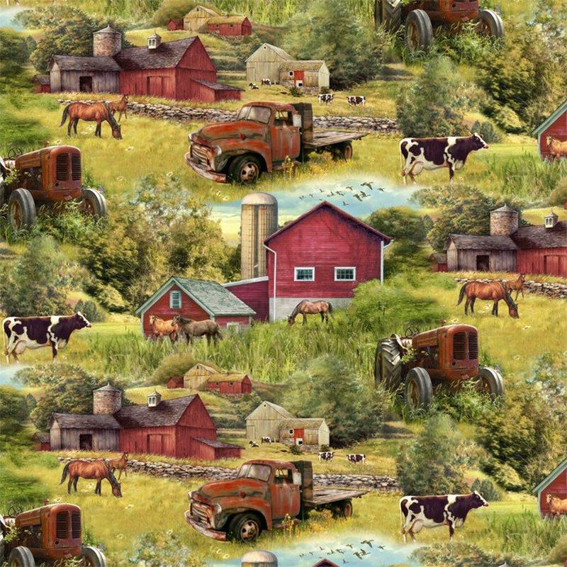 Barns and Trucks Horses Cows Allover Green David Textiles Cotton Fabric DT-GG-0005-6C-1 1