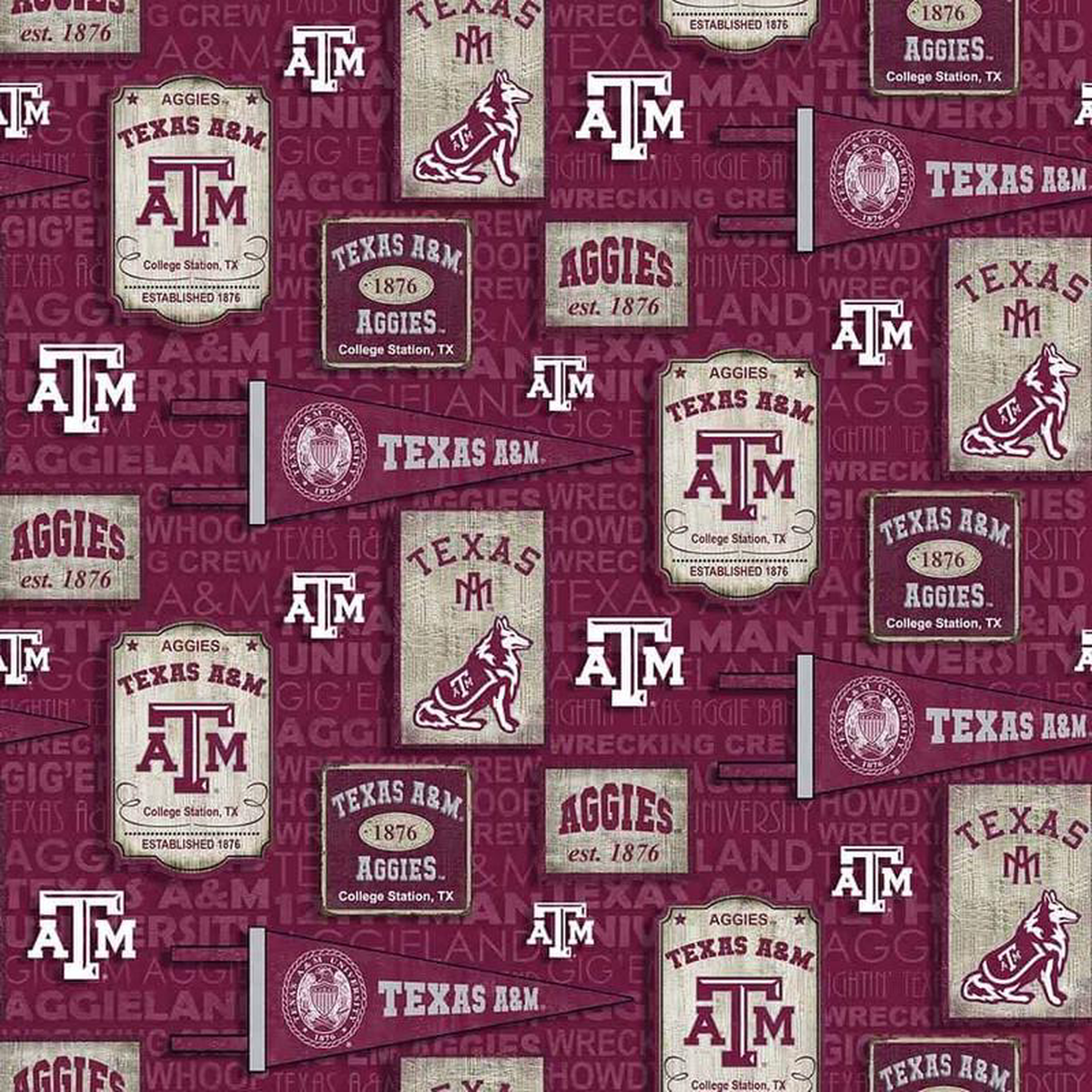 Texas A038M Aggies NCAA College Vintage Pennant Sykel Cotton Fabric TAM-1267