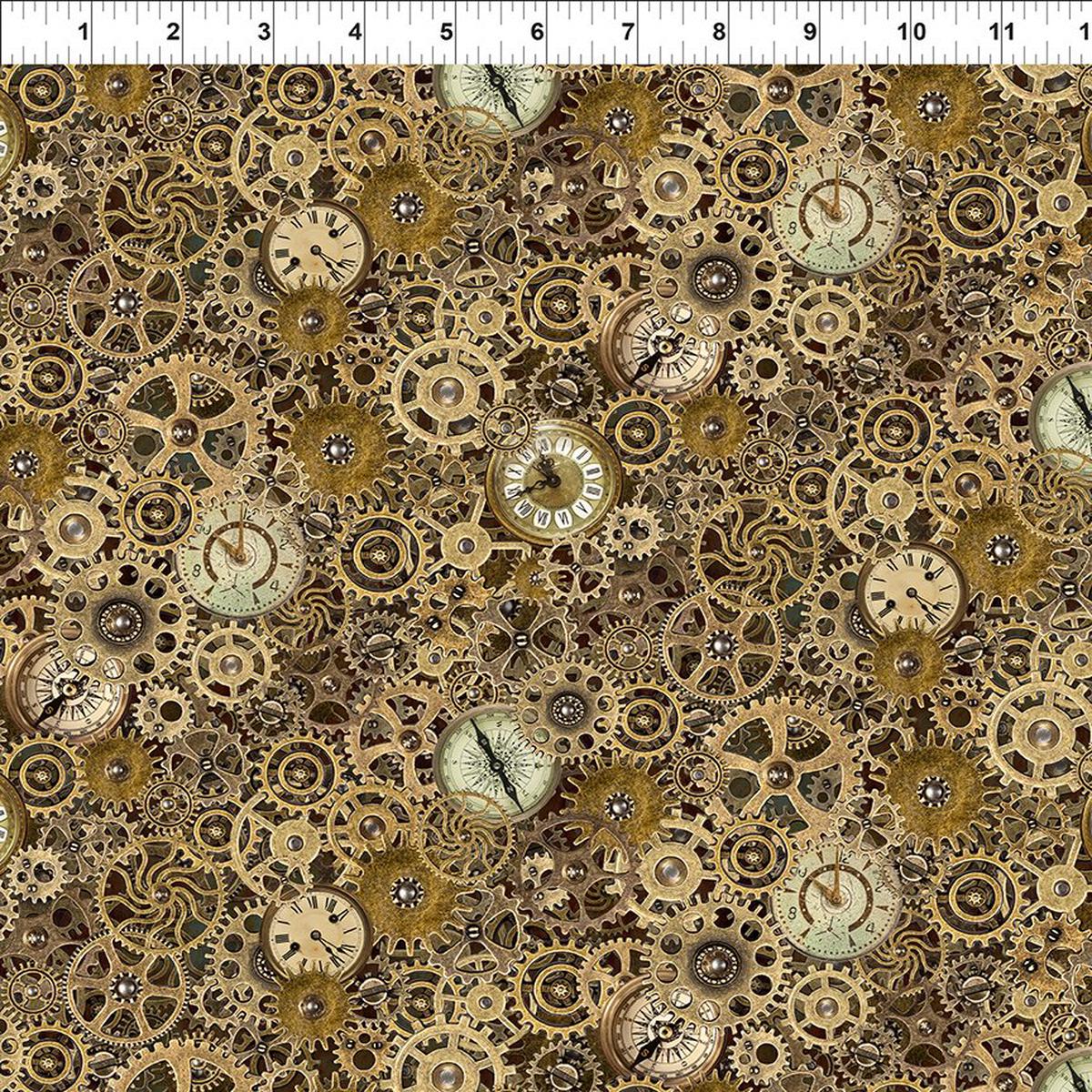 Steampunk Menagerie Gears Clock Gold Jason Yenter In the Beginning Fabrics Cotton Fabric ITB-6ST-1