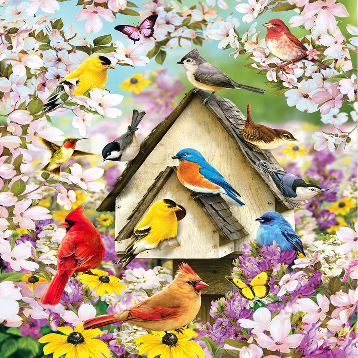 Birdhouse Birds Flowers 3 Panel 368243 David Textiles Cotton Fabric DT-GG-0048-1C-1