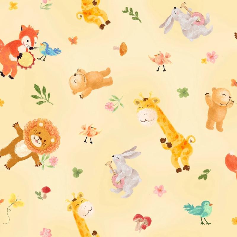 Wee Ones Party Animals Allover Yellow Oasis Fabrics Cotton Fabric OA-59-8521 1/2