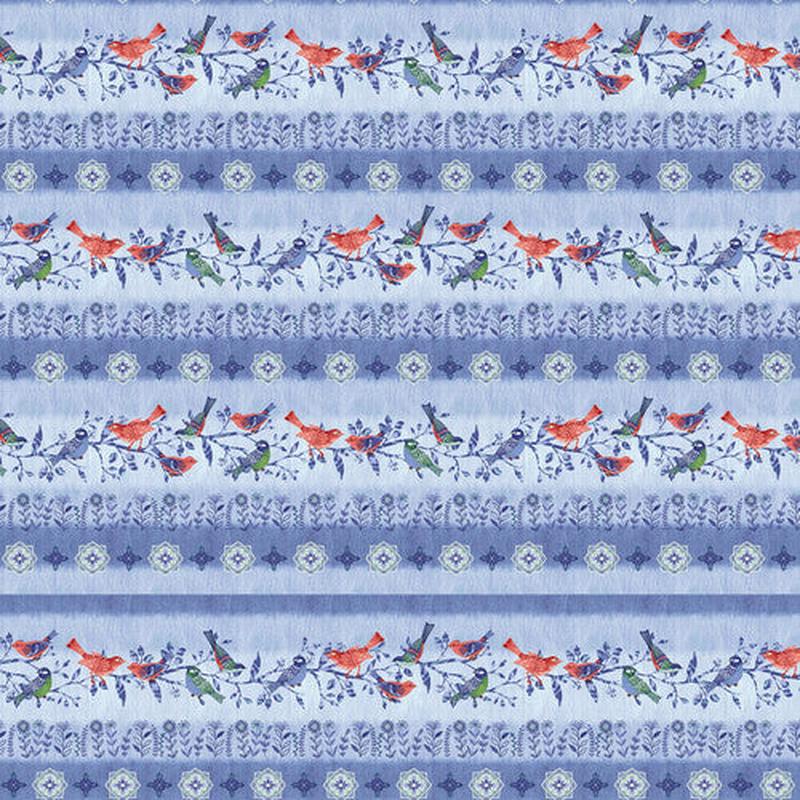 Bella Blue Birds Border Stripe Light Blue Jennifer Brinley Studio E Cotton Fabric 1/2