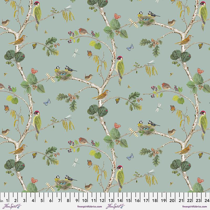 Woodland Blooms Woodland Chorus Sky Sanderson Free Spirit Cotton Fabric 1/2