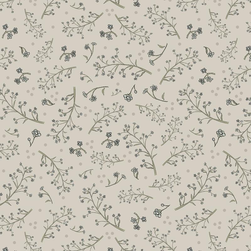 A Beautiful Day Tossed Flowers and Dots Beige Navy Blue Dawn Rosengren Henry Glass Cotton Fabric 1/2