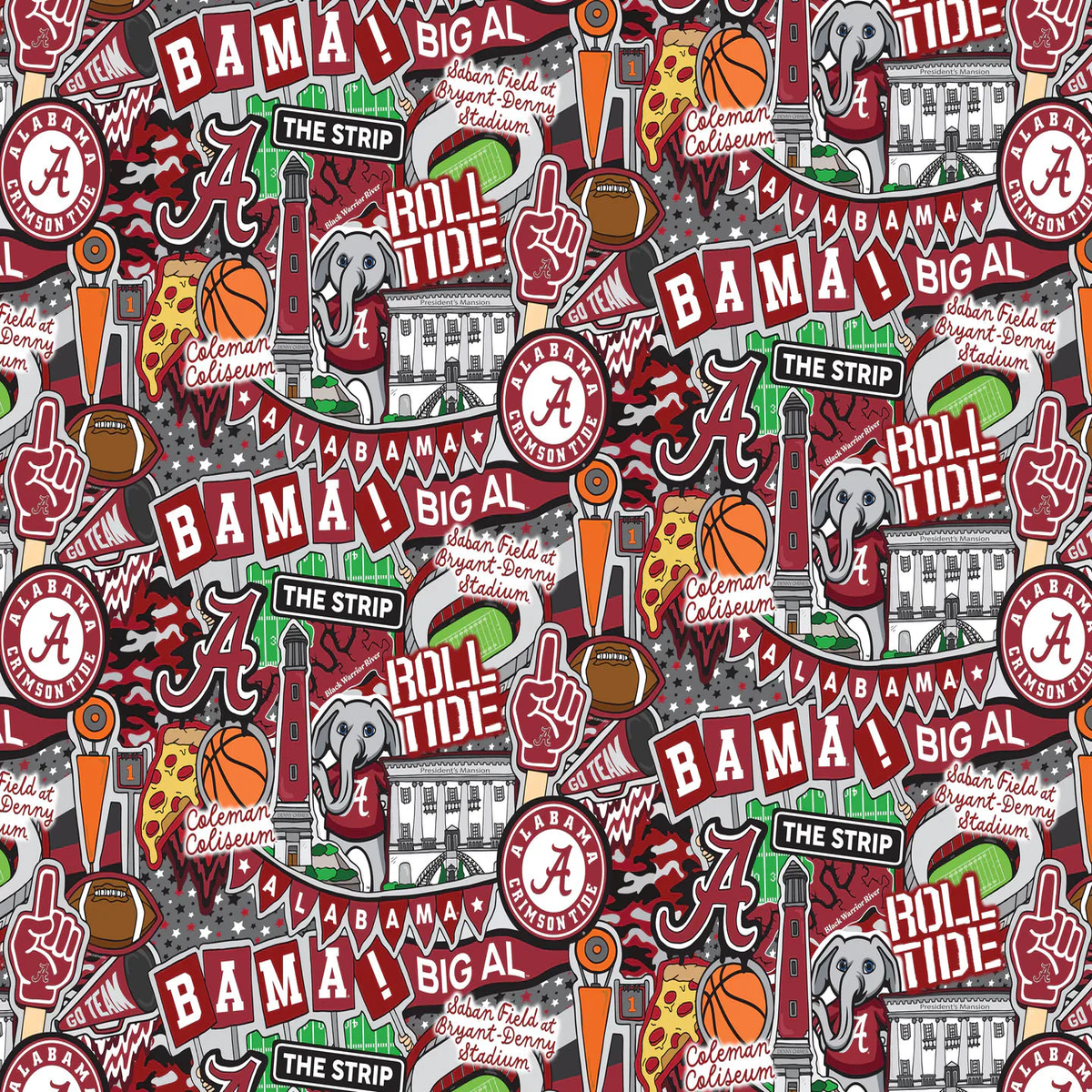 Alabama Crimson Tide NCAA College Doodle Sammy Sykel Enterprises Cotton Fabric AL-2001