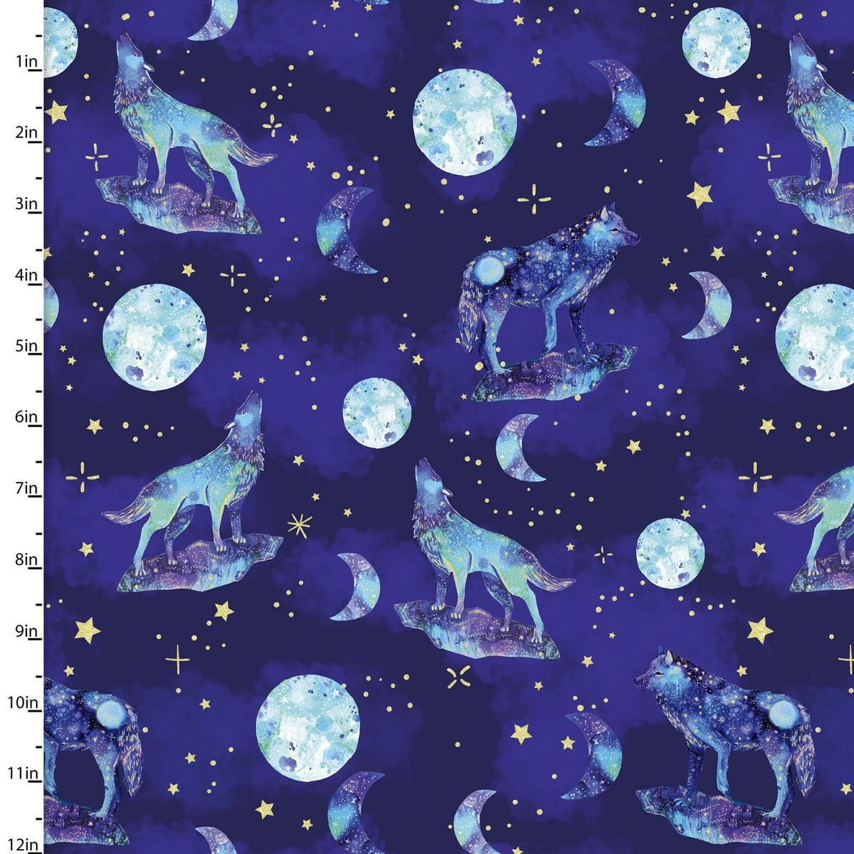 Artic Wonder Wolf Howling at the Moon Navy Metallic Glitter 3 Wishes Cotton Fabric 3W 19435 Navy 1/2