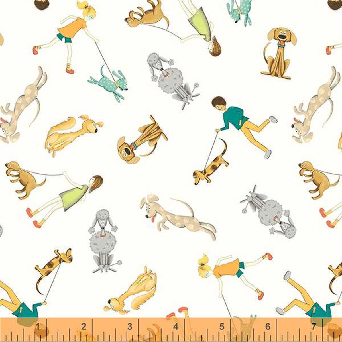 Be my Neighbor Dog Walkers Ivory White Terri Degenkolb Windham Cotton Fabric WF-53161-1