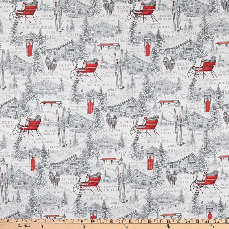 Alpine Winter Alpine Village Toile White Deborah Edwards Northcott Cotton Fabric 1/2