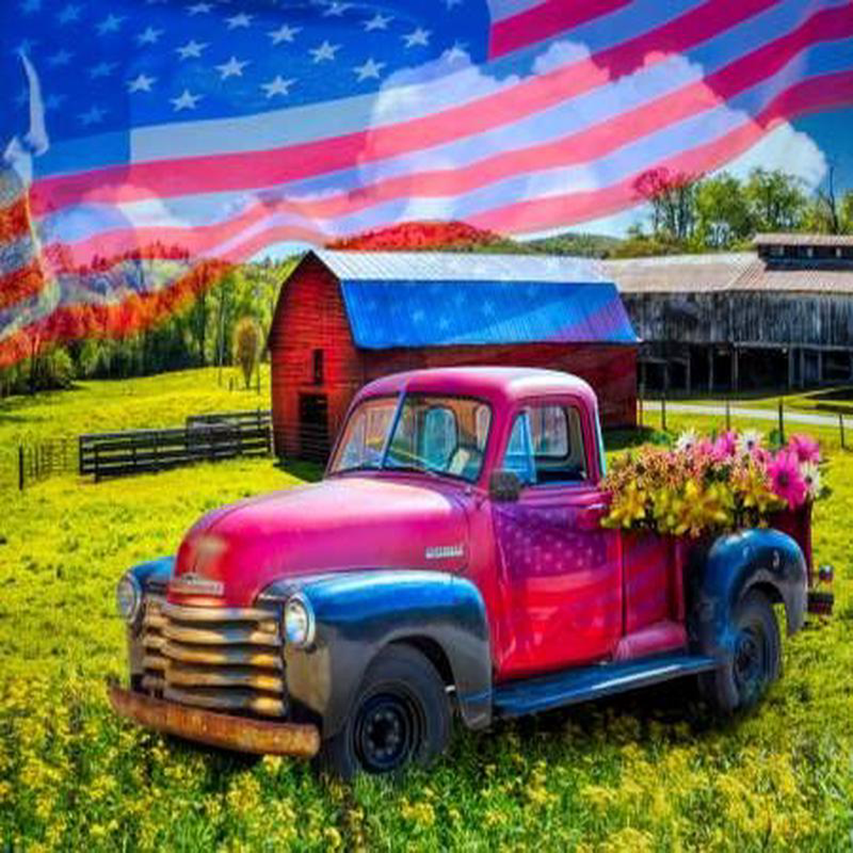 American Country Truck Panel 368221 Four Seasons David Textiles Cotton Fabric DT-AL-5930-3C-1