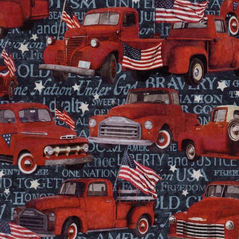 Stonehenge Stars & Stripes Red Trucks Navy Multi Deborah Edwards Northcott Cotton Fabric 1