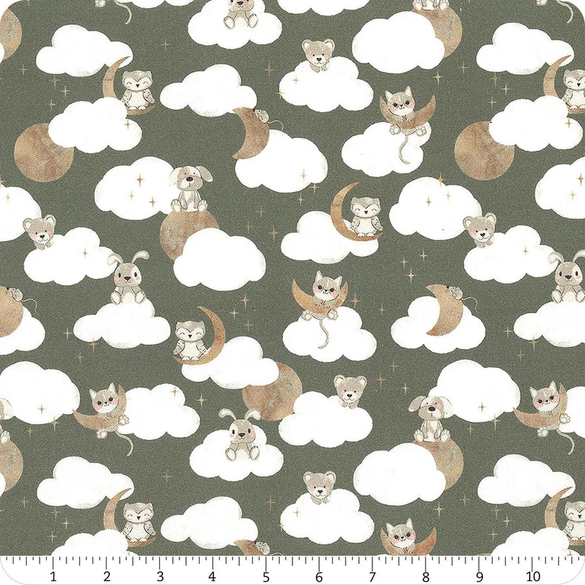 Sweet Lulla the Clouds Ba Animals Charcoal Green Ivy Jayne Camelot Cotton Fabric 1/2