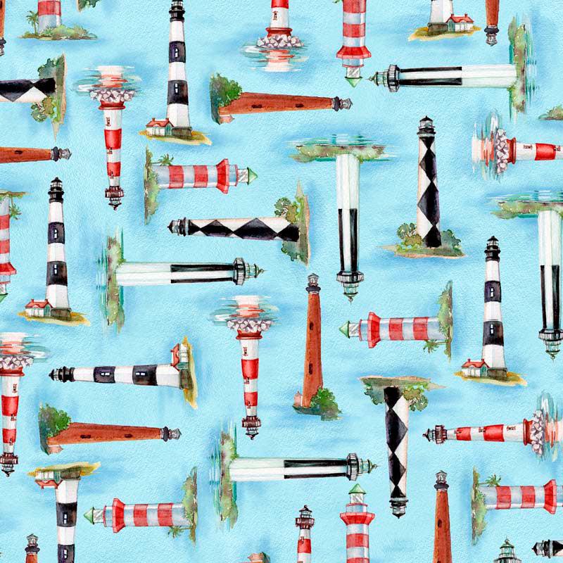 All Carolina Shop Hop 2024 Lighthouse Blue Quilting Treasures Cotton Fabric 1