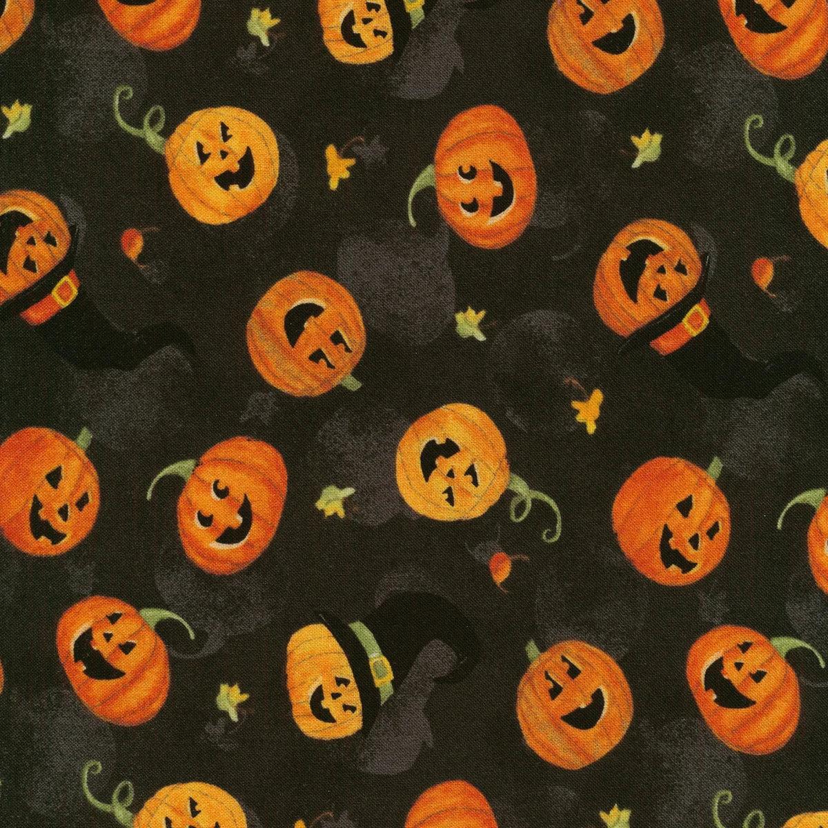 The Boo Crew Tossed Jack O Lantern Black Susan Winget Wilmington Prints Cotton Fabric WP-3023-39794-987