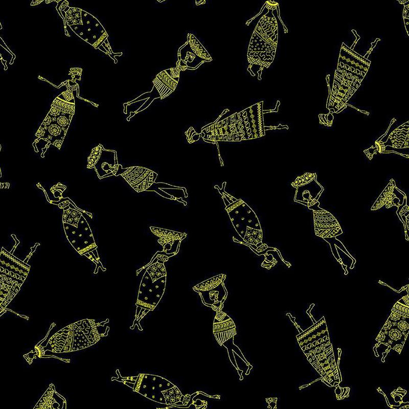 African Sunset African Women Black Metallic Chong-A-Hwang Timeless Treasures Cotton Fabric TT-KENTA-CM2042-BLACK 1/2