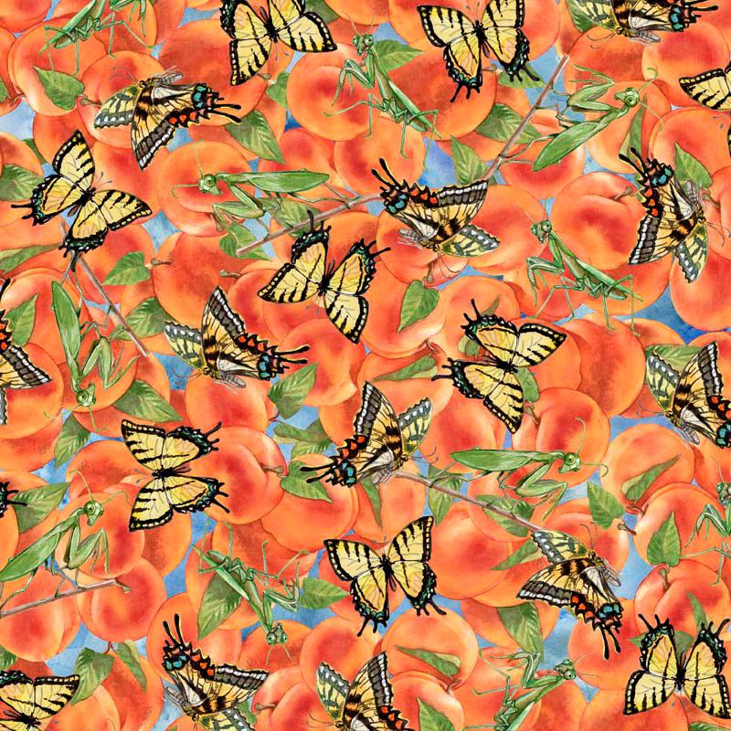 All Carolina Shop Hop 2024 Peaches Butterfly Mantis Peach Quilting Treasures Cotton Fabric 1/2