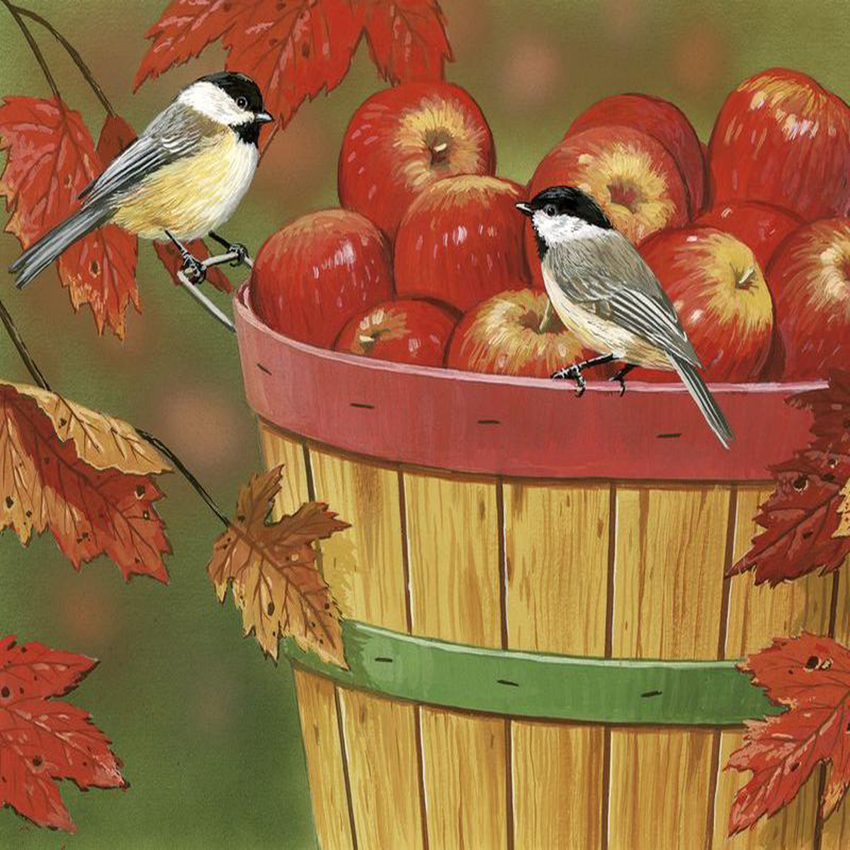 Apples Chickadees Panel 368221 William Vanderdasson David Textiles Cotton Fabric DT-AL-3970-9C-1