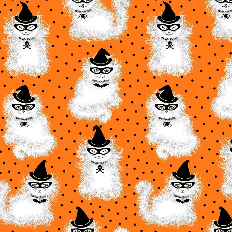Spell You Masquerade Meow Meow Orange Freckle and Lollie Cotton Fabric 1/2