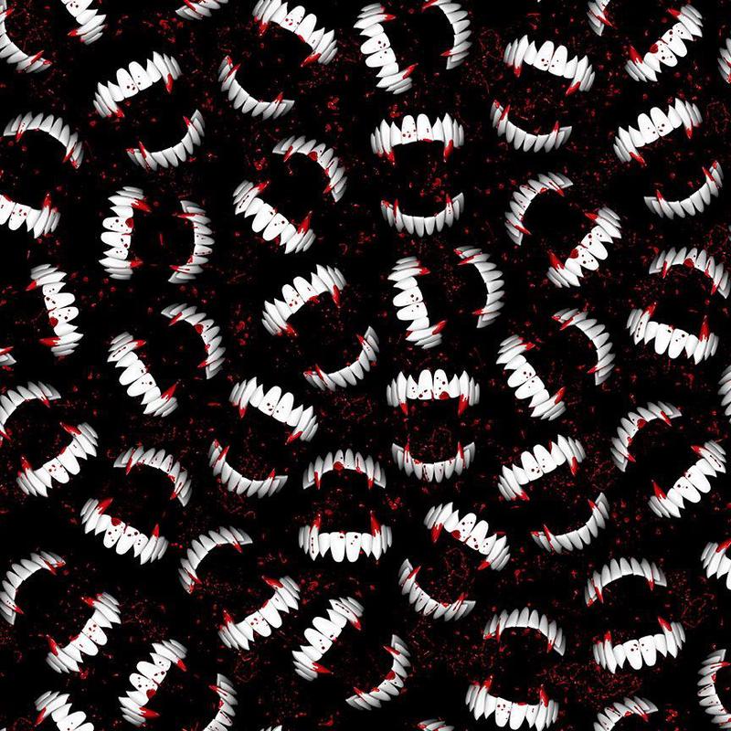 Wicked Bloody Vampire Fangs Black Timeless Treasures Cotton Fabric TT-WICKED-CD1832-BLACK