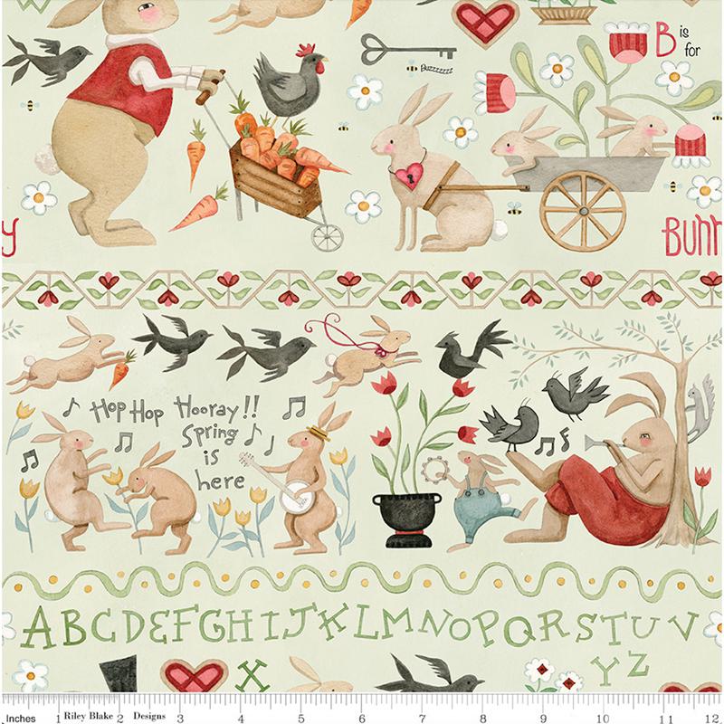 Teresa Kogut Hop Hop Hooray ~  Bunny Border Stripe C14277 Flax ~ One Yard