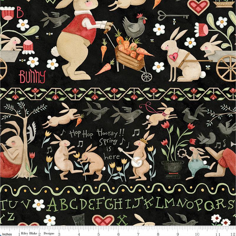 Teresa Kogut Hop Hop Hooray ~  Bunny Border Stripe C14277 Black ~ One Yard