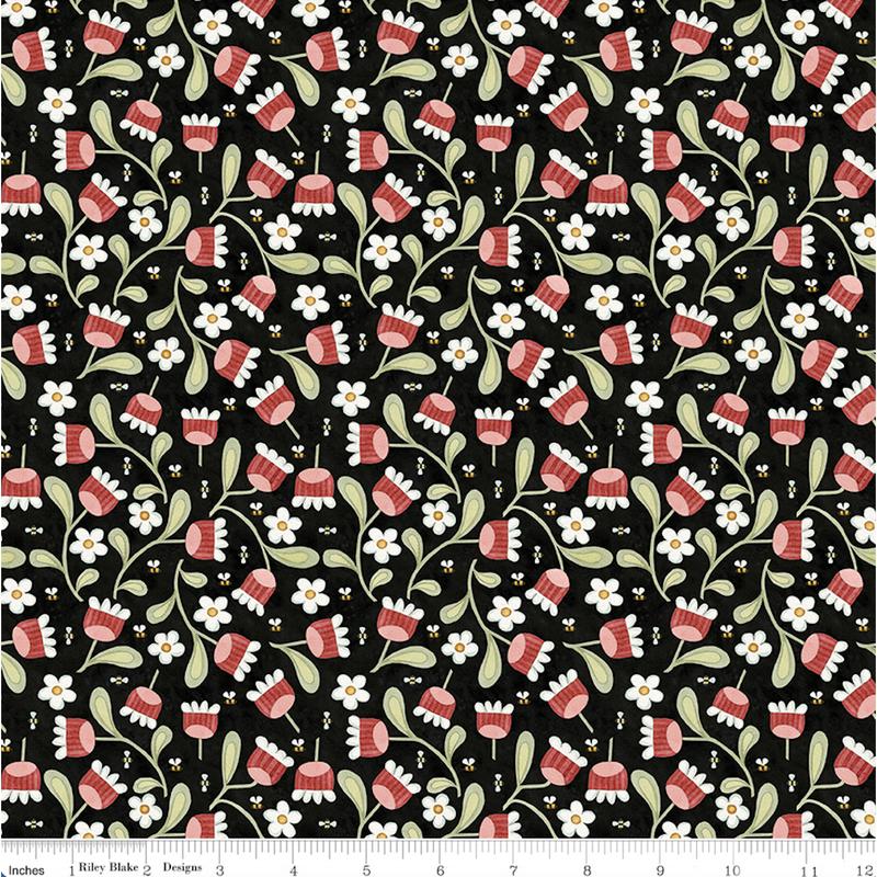 Teresa Kogut Hop Hop Hooray ~  Blooms C14274 Black ~ One Yard