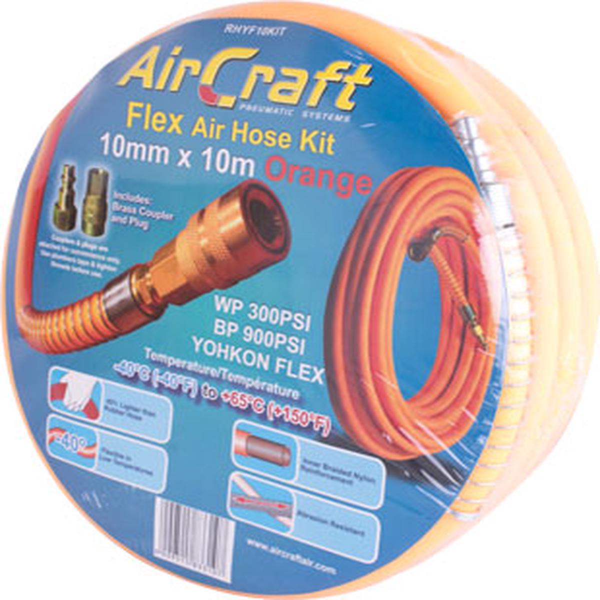 Aircraft Flex Air Hose Kit 10Mm X 10M Orange With Quick Coupler & Connector
