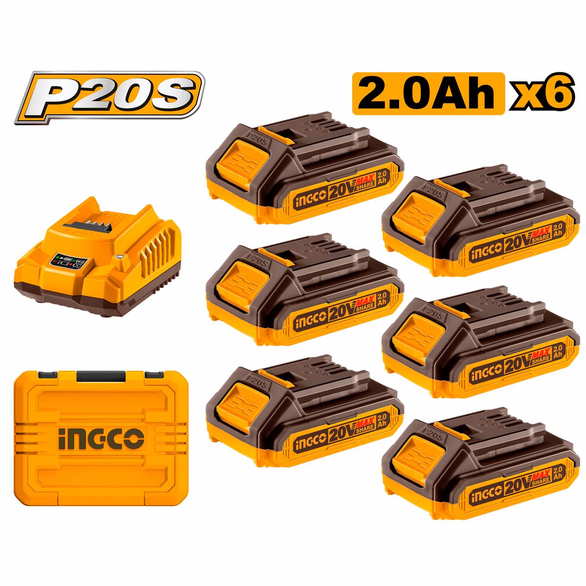 Ingco 6X Li-Ion Battery Pack (2Ah) With Charger And Carry Case Kit