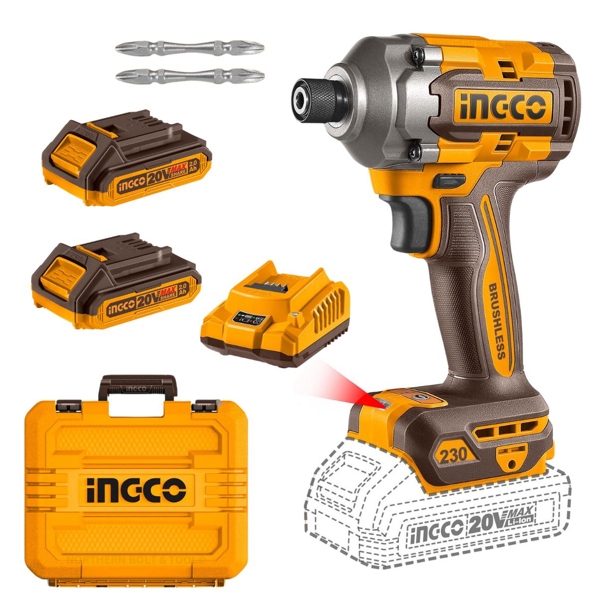 Ingco Cordless Impact Driver 230Nm 20V (Brushless) Kit