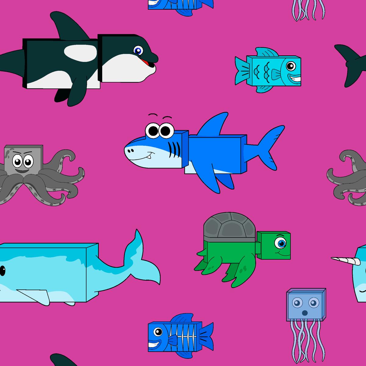 English Tree Cute Ocean Animals on Purple Fabric