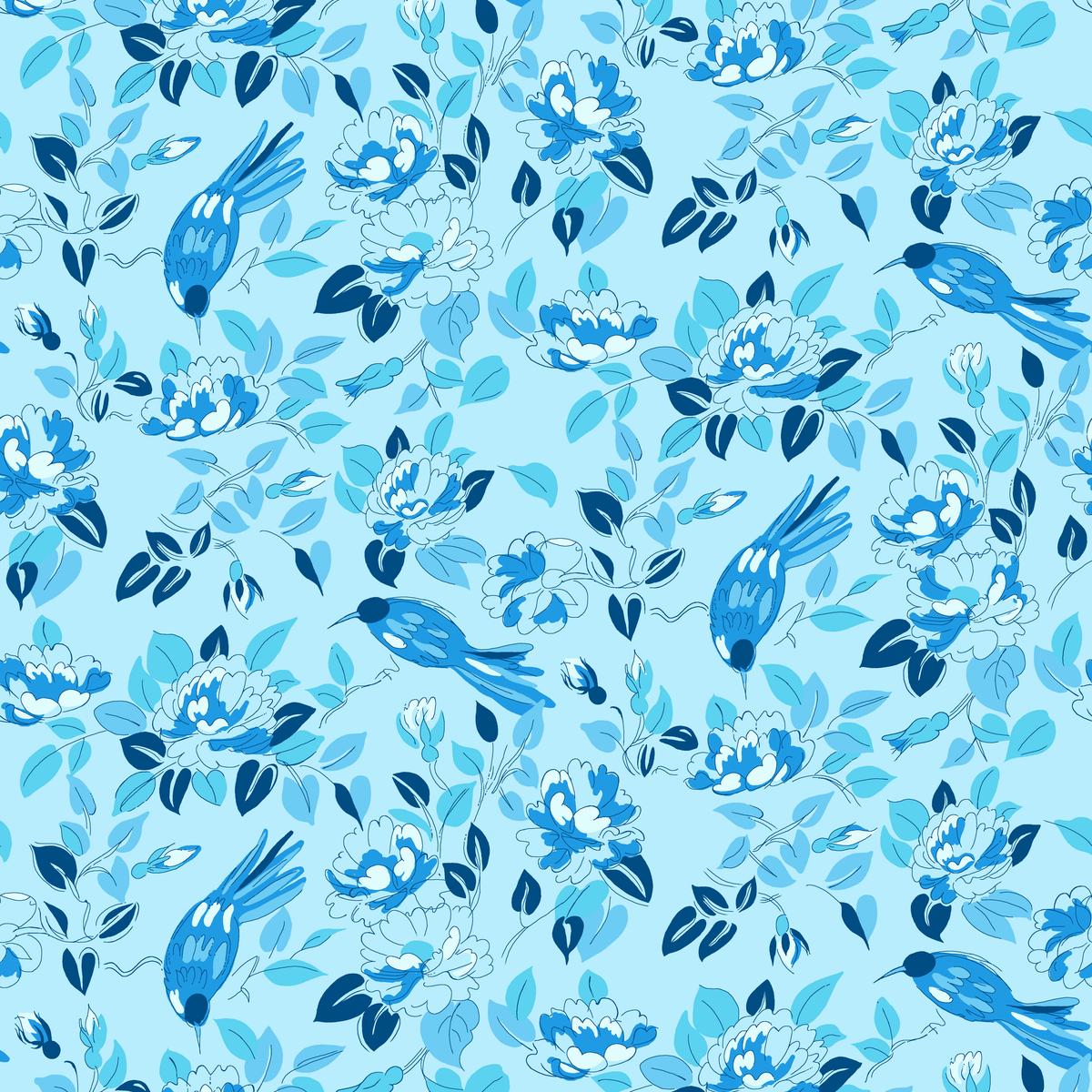 Floral Hummingbird on Blue Fabric