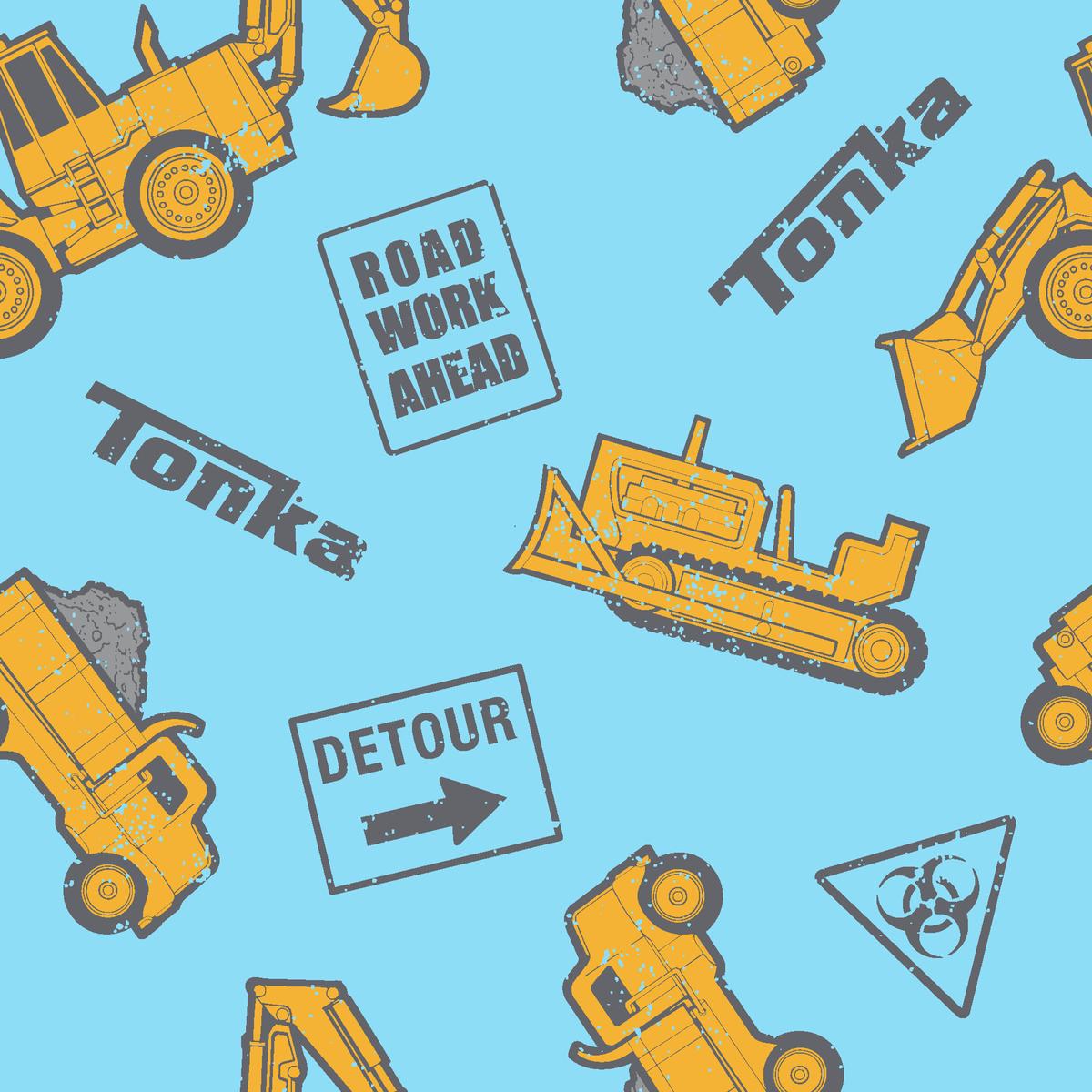 Hasbro Tonka Construction Vehicles on Blue Fabric