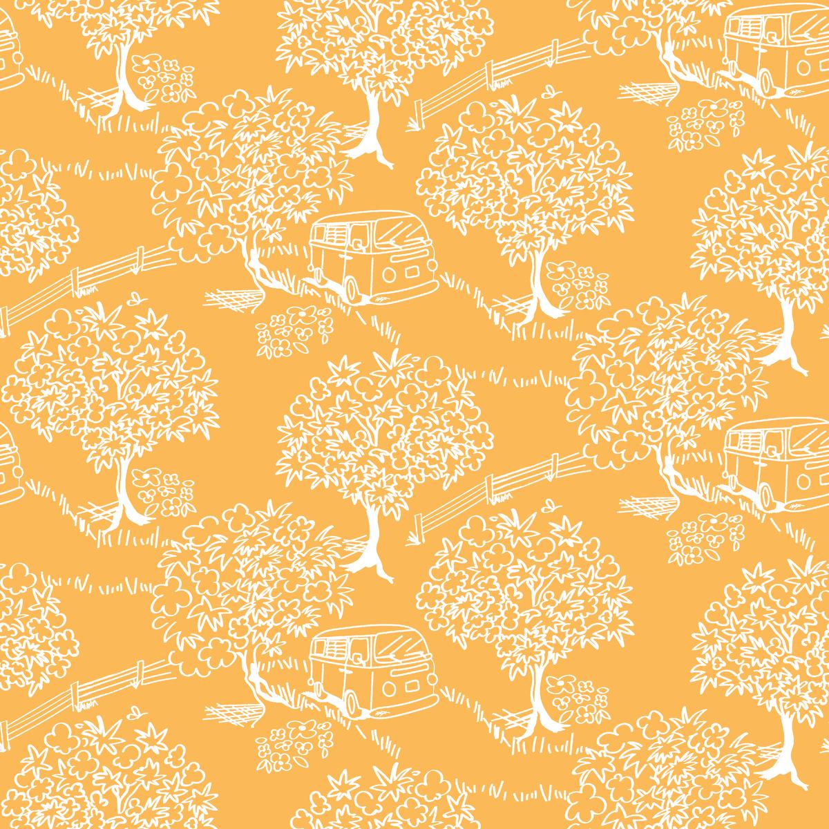 Scenic Trees on Mustard Fabric