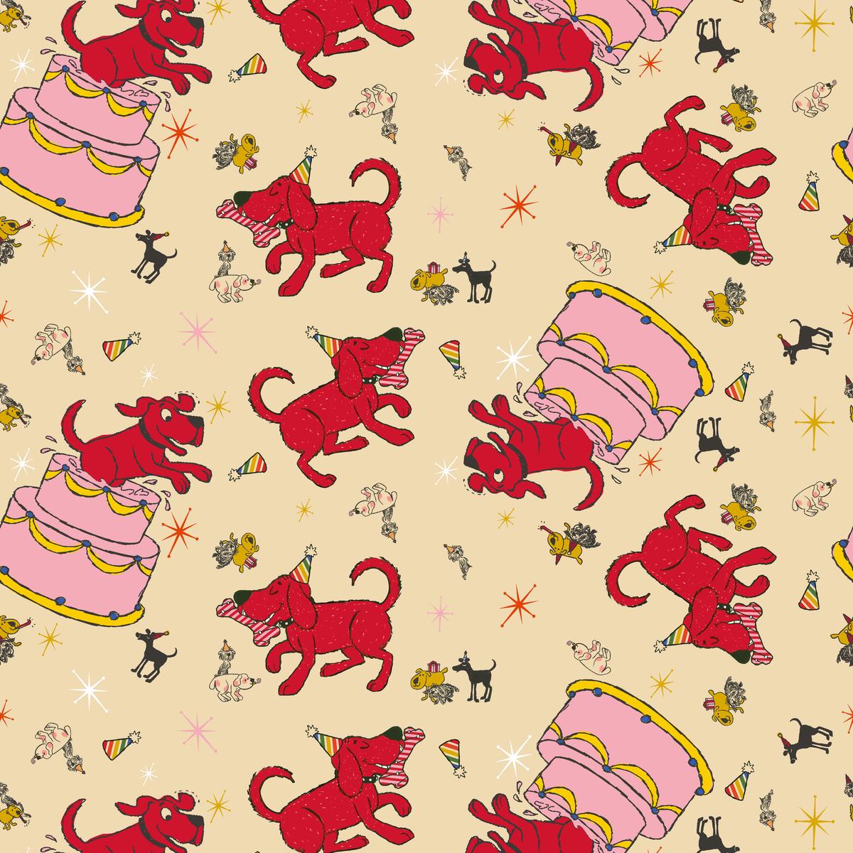 Clifford Party Animals on Beige Fabric
