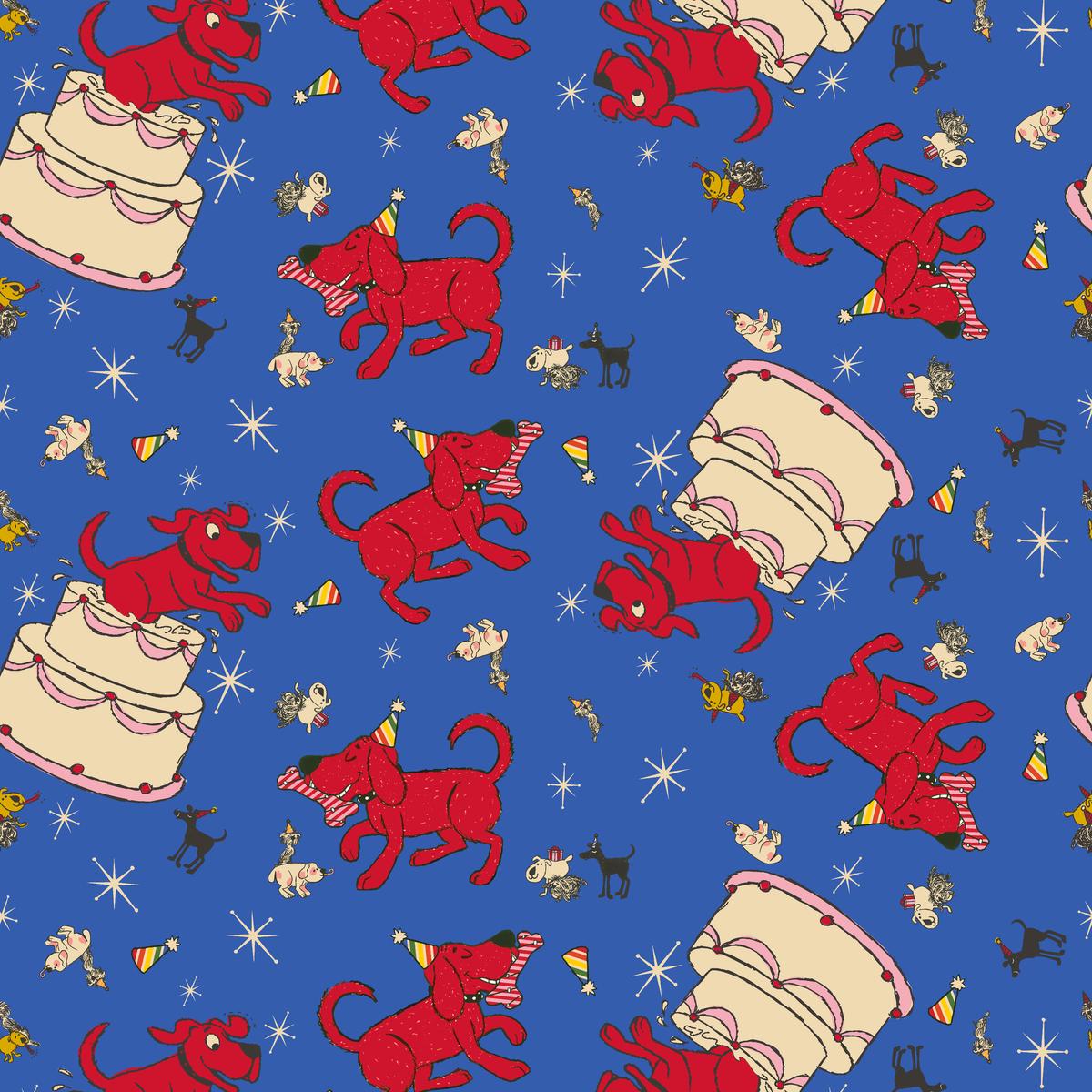 Clifford Party Animals on Blue Fabric