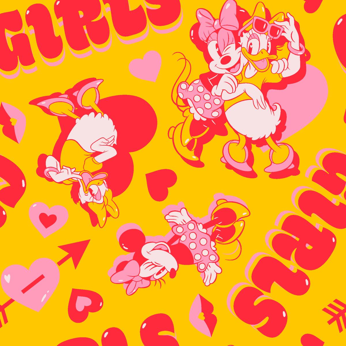 Disney Minnie Mouse and Daisy Duck Girls on Yellow Fabric